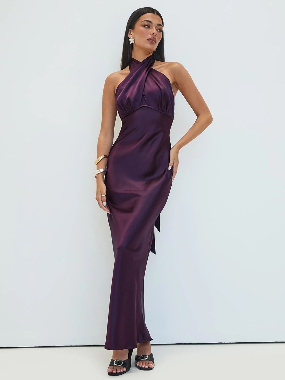 Princess Polly Satin Halter Evening Gown in Deep Plum